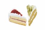 Green Tea Cake With Strawberry Cake. White Background Stock Photo