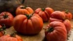 Freshly Picked Tomatoes, Place On Wooden Chopping Board And Table Stock Photo