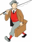 Vintage Tourist Fly Fisherman Luggage Cartoon Stock Photo