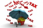 Business Man Under Taxes Rain With Umbrella Stock Photo