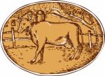 Cow Ranch Farm House Oval Woodcut Stock Photo