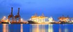 Containers Loading At Sea Trading Port Panorama Stock Photo