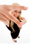 Model Showing Victory Peace Hand Gesture Stock Photo