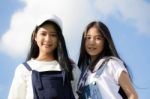 Two Asia Thai High School Student Best Friends Beautiful Girl Smile And Funny Stock Photo