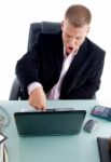 Businessman Pressing Laptop Key Stock Photo