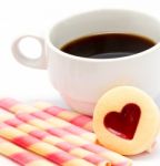 Heart Coffee Cookie Means Valentines Cracker And Biscuit Stock Photo