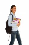 Girl Student Holding Books And Bag Stock Photo