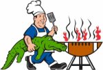 Chef Alligator Spatula Bbq Grill Cartoon Stock Photo