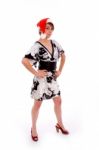 Full Body Pose Of Fashionable Woman In Christmas Hat Stock Photo