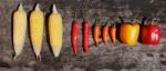 Corn Chilly Paprika Wood Table Stock Photo