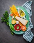 Italian Food And Menu Concept. Spaghetti With Ingredients Sweet Stock Photo