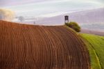 Arable Lands In Spring. Hunting Box In Moravia Hills Stock Photo