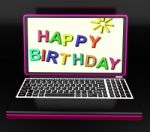 Happy Birthday On Laptop Shows Online Greetings Stock Photo