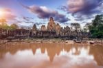 Bayon Temple With Giant Stone Faces, Angkor Wat, Siem Reap, Cambodia Stock Photo