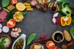 Italian Food Cooking Ingredients Basil, Parmesan Cheese ,garlic, Stock Photo