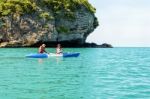 Mother And Daughter Take Pictures On Kayak Stock Photo