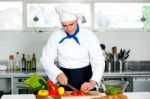 Chef Carefully Chopping Vegetables Stock Photo