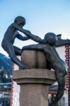 Statue Of Two Children In Ortisei Stock Photo