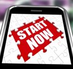 Start Now Smartphone Shows Commence Or Begin Immediately Stock Photo