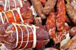 Traditional Salami At Italian Market Stock Photo