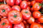 Close Up Of Fresh, Juicy, Ripe Tomatoes Pile. Lycopene And Antioxidant In Fruit Nutrition Good For Health And Skin. Flat Lay Stock Photo