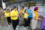 Student 9-10 Years Old, Scout Activities, Dance Performances Around The Fire., Scout Camp Bangkok Thailand Stock Photo