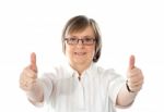 Female Gesturing Double Thumbs Up Stock Photo