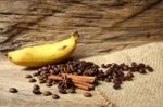 Roasted Coffee Beans And Banana Stock Photo