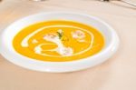 Pumpkin And Shrimps Cream Soup Stock Photo