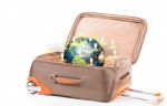 Suitcase And Earth Isolated On A White Background Stock Photo