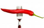 Red Chilli With Steel Fork Stock Photo