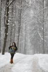 Beautiful Young Woman In A Sweater On A Winter Walk In A Park Stock Photo