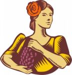 Senorita Holding Grapes Woodcut Stock Photo