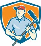 Construction Worker Holding Pickaxe Shield Cartoon Stock Photo