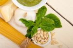 Italian Traditional Basil Pesto Pasta Ingredients Stock Photo