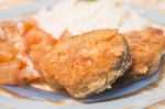 Fried Hake Fish With Rice Stock Photo