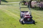 Modern Gasoline Lawn Mower Stock Photo