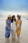 Three Asian Younger Woman Relaxing Happiness Emotion On Vacation Beach Stock Photo