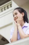 Portrait Of Thai High School Student Uniform Teen Beautiful Girl Happy And Relax, Stock Photo