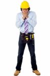 Male Architect In A Hard Hat With Toolkit Stock Photo