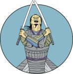 Samurai Warrior Two Swords Looking Up Circle Drawing Stock Photo