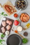 Ingredients For Paella On The White  Table Stock Photo