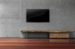 Led Tv On Concrete Wall With Wooden Furniture In Living Room Stock Photo