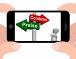 Condemn Praise Signpost Displays Appreciate Or Blame Stock Photo