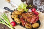 Bacon Rib And Potatoes. Farmhouse Style Meal Stock Photo