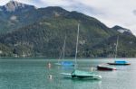 Yachts Moored In Lake Wolfgang At St. Gilgen Stock Photo