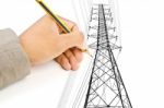 Hand Drawing High Voltage Power Pole Line For Construction Concept Stock Photo