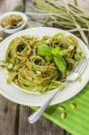 Homemade Spinach Pasta With Pesto Stock Photo