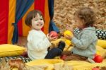 Children Play In The Park And Eating Apple Stock Photo