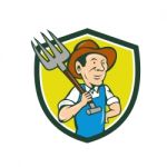 Farmer Holding Pitchfork Shoulder Crest Cartoon Stock Photo